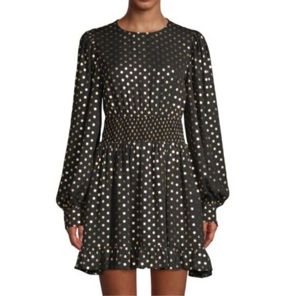 Endless Rose black gold‎ polka dot long sleeve smocked dress size M - Picture 1 of 13